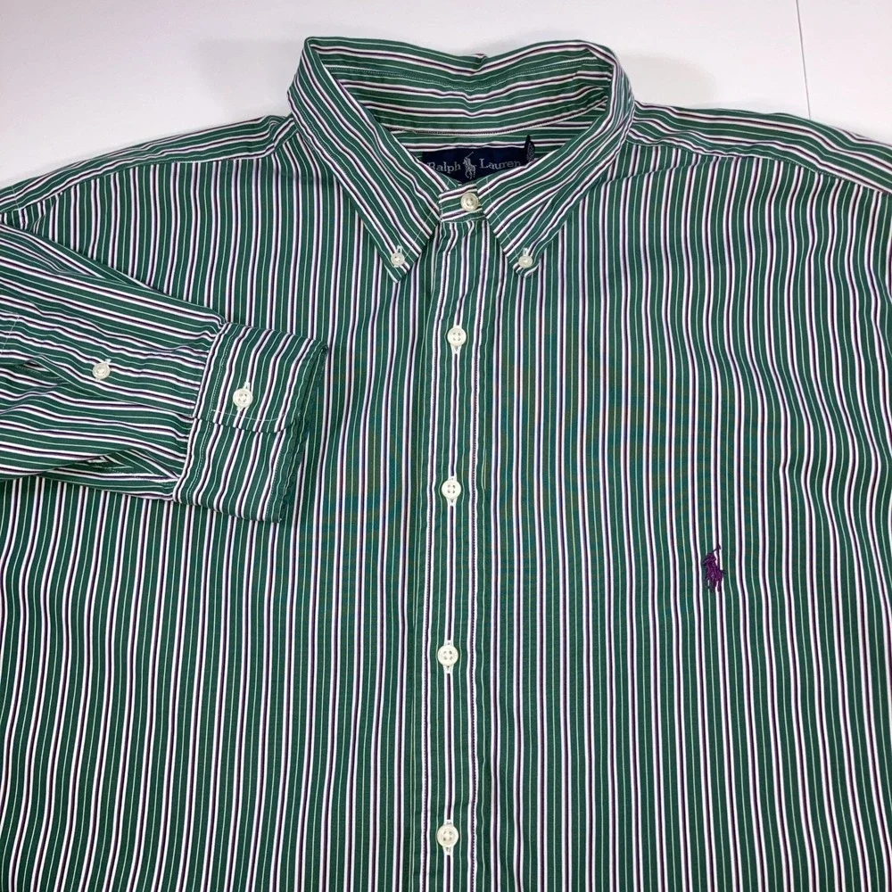 Polo Ralph Lauren Shirt Mens 2XLT Green Purple Striped Button Down Classic‎ Fit